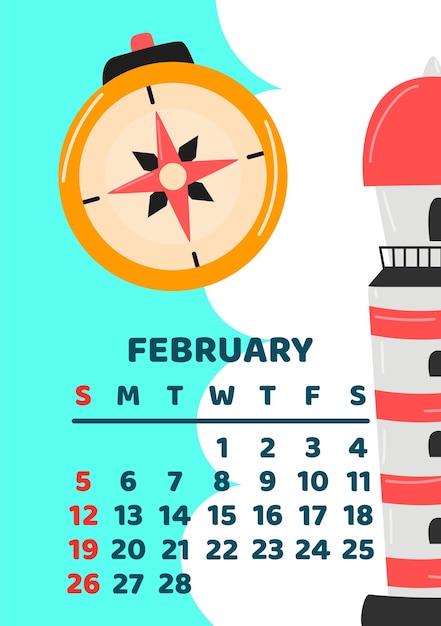 February 2023 calendar page Vector cartoon illustration with cute compass Template for print Vertical layout White background