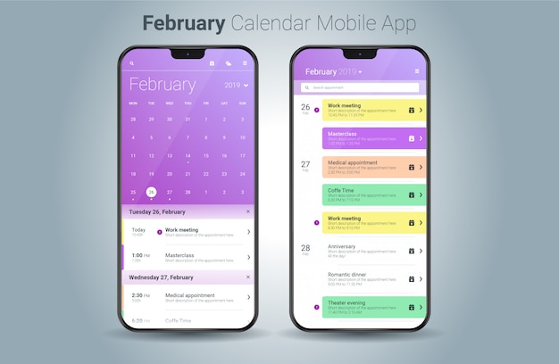 February calendar mobile application light UI vector