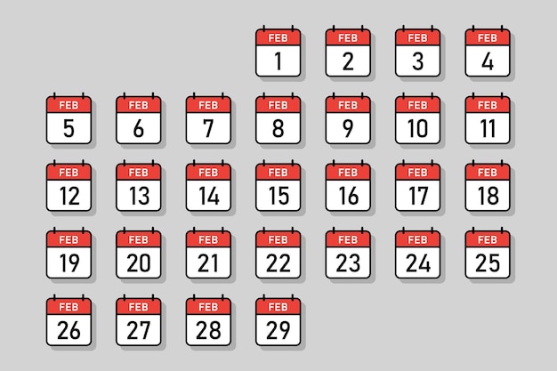 February Daily calendar in one group red and white color calendar page calendar date