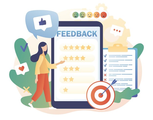 Vector feedback concept tiny woman leave feedback put assessment online in smartphone app customer