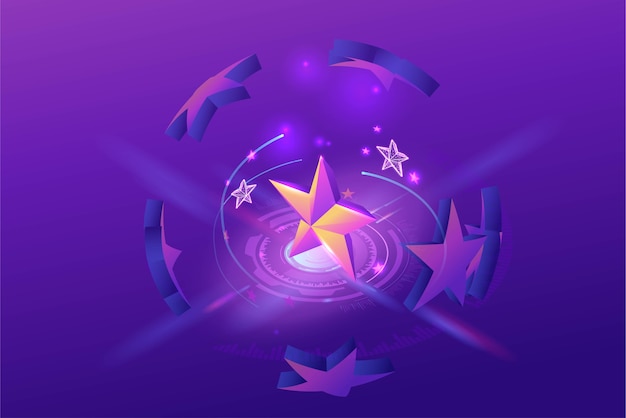 Feedback concept with 3d isometric star icon, customer rate product, client satisfaction survey, people review quality of service, purple 