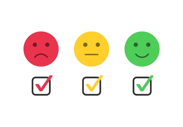 Vector feedback emoji rating with checkmark icon check box frame and happy neutral sad emoticon