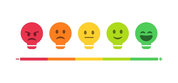 Vector feedback emoji slider bulb emoticon level scale rating smile emojis happy neutral sad angry emotions