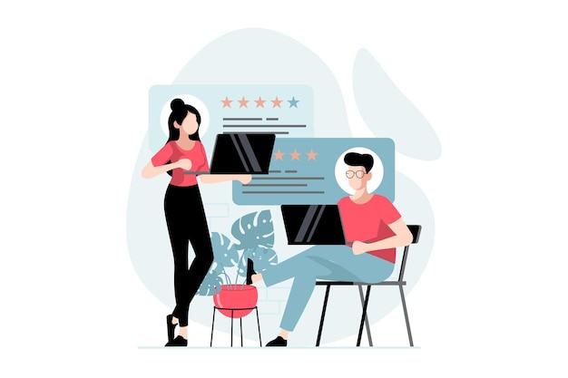 Feedback page concept with people scene in flat design Man and woman leave good comments with positive experience and describe user experience Vector illustration with character situation for web