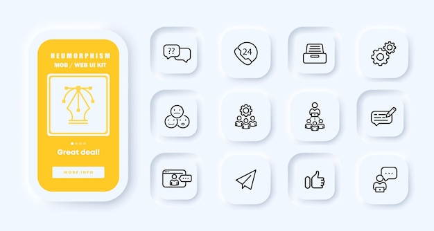 Feedback set icon Hotline support service fax help to tune reaction comment send message like button user online gear Business concept Neomorphism UI phone app screens Vector line icon