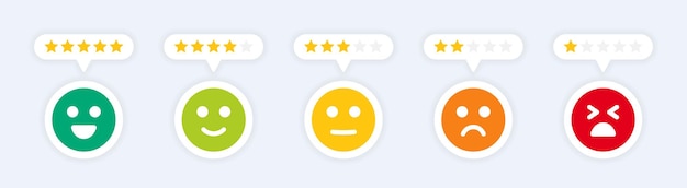 Feedback with satisfaction rating from 1 star to 5 stars icon.