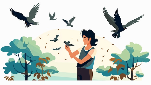 Vector feeding birds flat vector illustration on white background