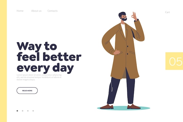 Feel better every day concept of landing page with happy man showing okay gesture