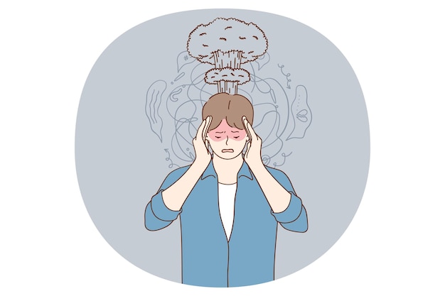 Feeling pain and headache concept Young man standing touching head feeling pain like volcano burning inside of his brain vector illustration