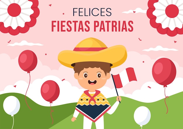 Felices Fiestas Patrias or Peruvian Independence Day Cartoon Illustration