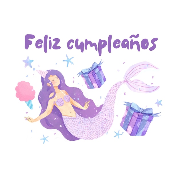 Vector feliz cumpleaos mermaid, happy birthday in spanish.