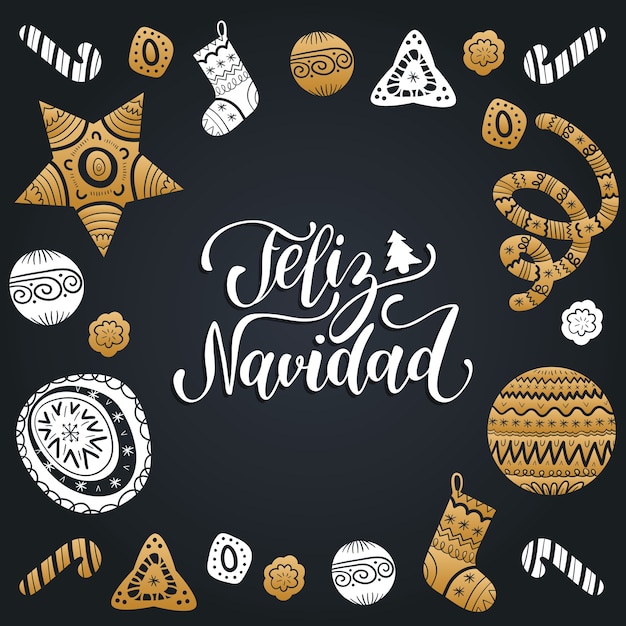 Feliz Navidad translated Merry Christmas lettering with festive elements.