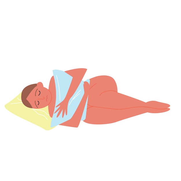 Female abdominal pain in PMS. Vector hand-drawn illustration of a sad girl with a pillow in her hands, hormonal failure. The concept of women's health. Feminine design. Premenstrual syndrome.