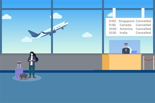 A female angry passenger standing inside the airport with her luggage and bag vector Flight cancellation concept with an airplane and receptionist vector Flat character design with an airplane