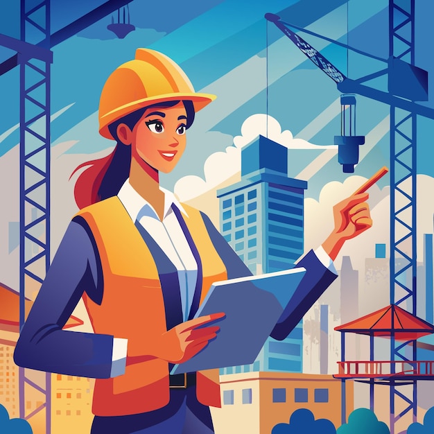 Vector a female architect in a hardhat points to a construction site holding a tablet