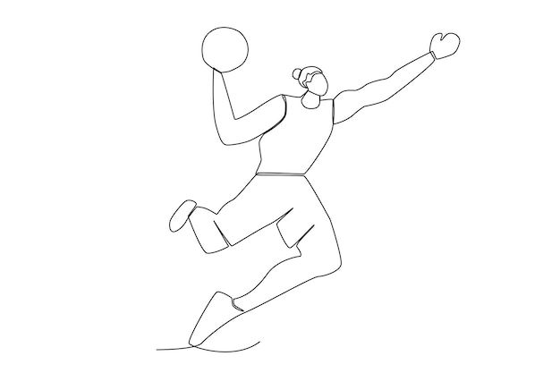 A female athlete doing layups with one hand to score in basketball one line art