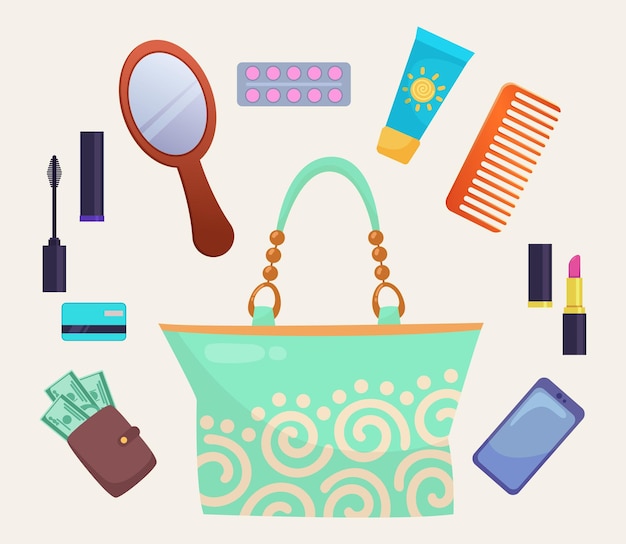 Female bag and personal items vector illustrations set