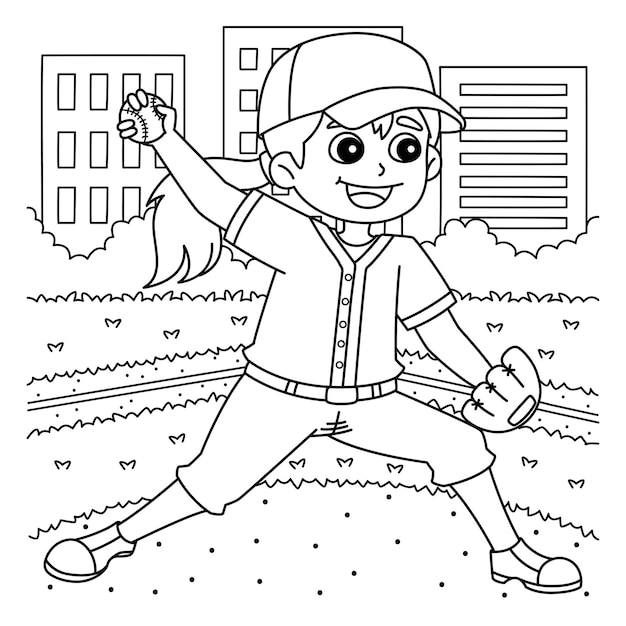 Vector female baseball pitcher coloring page for kids