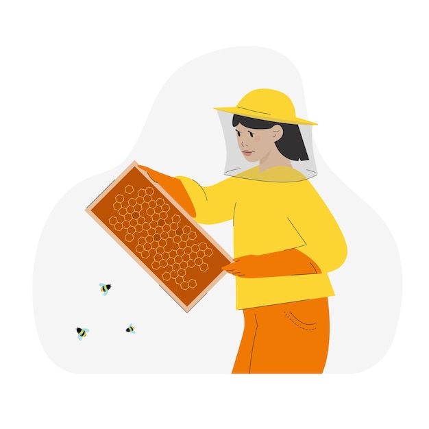 Female beekeeper holding honey cells caring bees Apiary concept