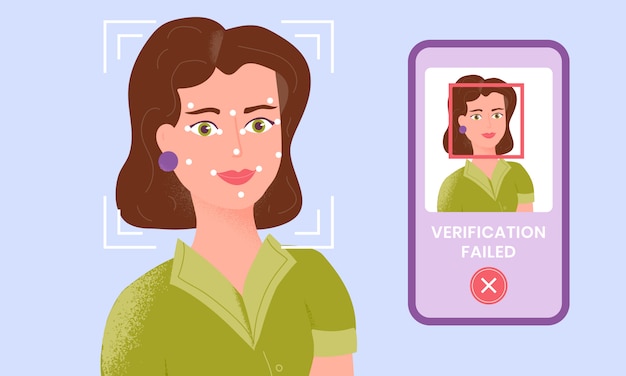 Female being checked via smartphone face identification technology and the verification is failed.