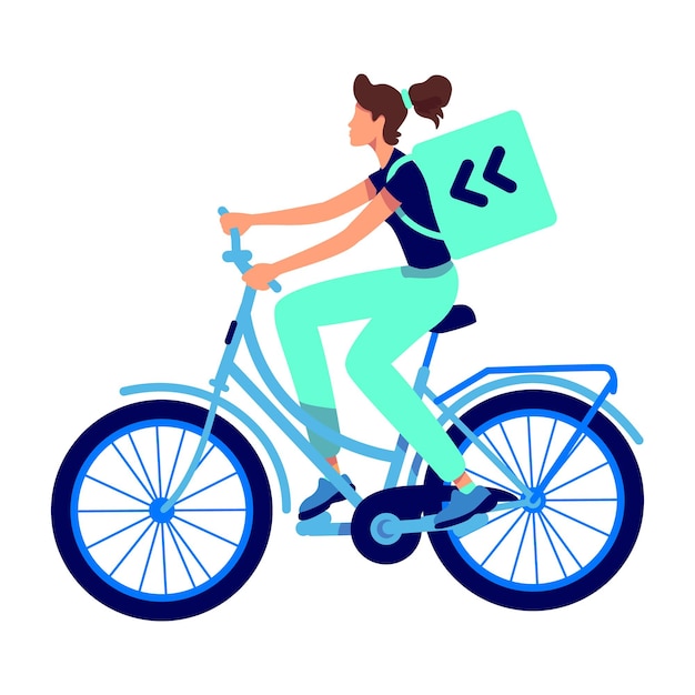 Female bicycle courier semi flat color vector character Riding figure Full body person on white Express delivery on bicycle simple cartoon style illustration for web graphic design and animation