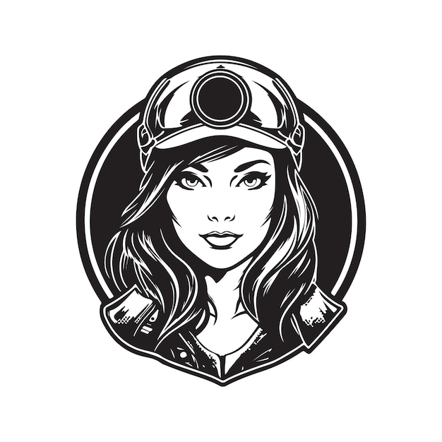 Vector female biker logo concept black and white color hand drawn illustration