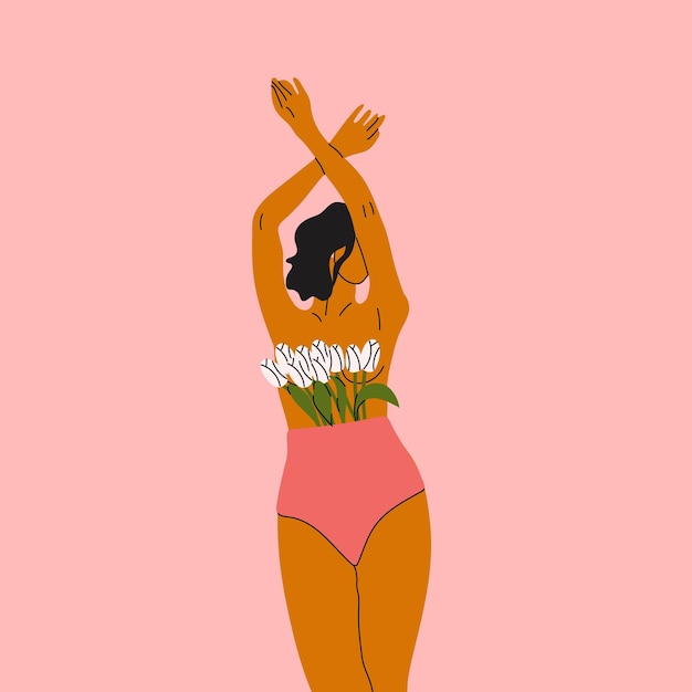 Female blooming from within flat vector illustration. Nude woman with flowers growing from chest.