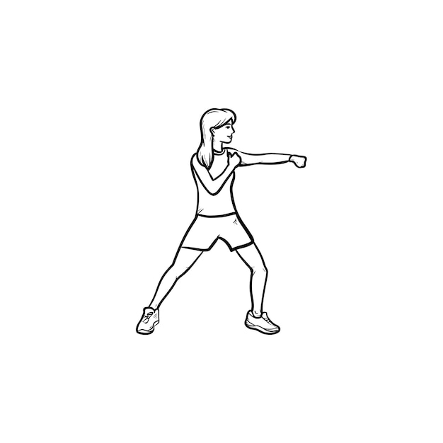 Female boxer working out hand drawn outline doodle icon. Health and fitness, woman boxing in gym concept. Vector sketch illustration for print, web, mobile and infographics on white background.