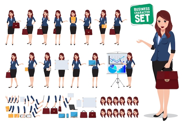 Female business character vector set Office woman talking and holding bag with various posture