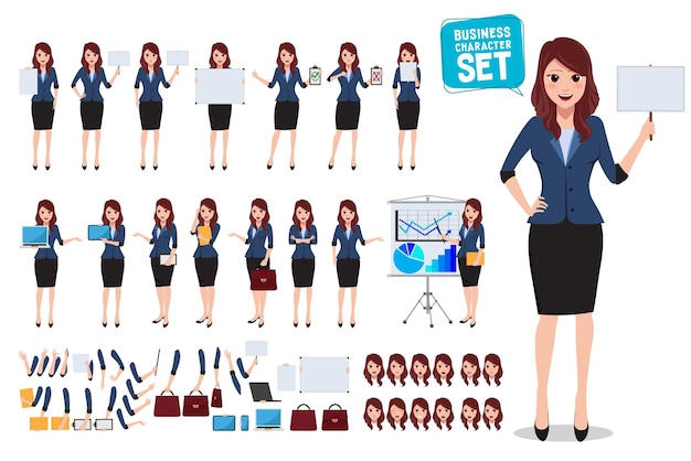 Female business character vector set Office woman talking and holding blank white board and placard