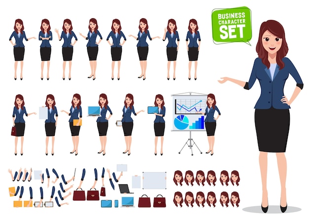 Female business character vector set Office woman talking with various poses and hand gestures