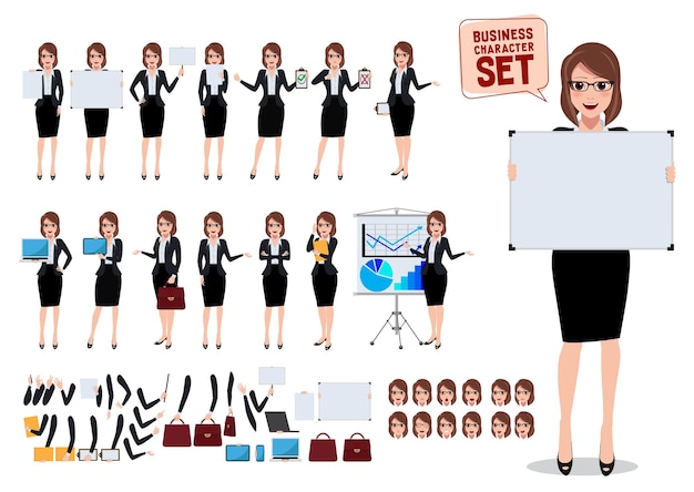 Female business characters set with young office woman holding blank white board and placard