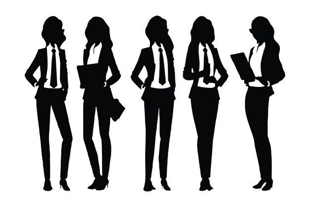 Vector female businessman full body silhouette vector standing female accountants and businessmen with anonymous faces on a white background modern girl model wearing office dresses silhouette collection