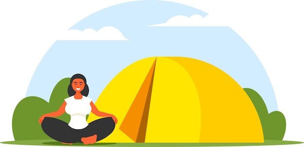 Female Camper Sitting In Front Of The Tent Isolated On Transparent Background