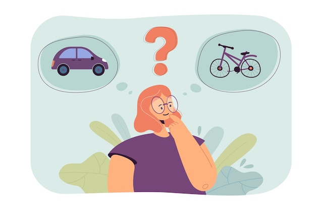 Female cartoon character choosing between car and bicycle