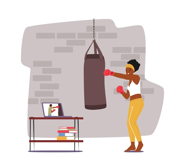 Female Character in Boxing Gloves Hit Punching Bag Training Online by Internet Watching Video Tutorial on Laptop