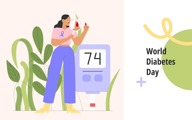 Female character checking blood sugar level using a blood glucose meter