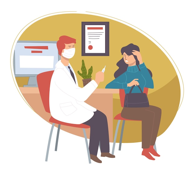 Female character consulting at doctors in hospital or clinics. Woman with headache talking to doctor, recommendations and advice from professional. Influenza or coronavirus. Vector in flat style