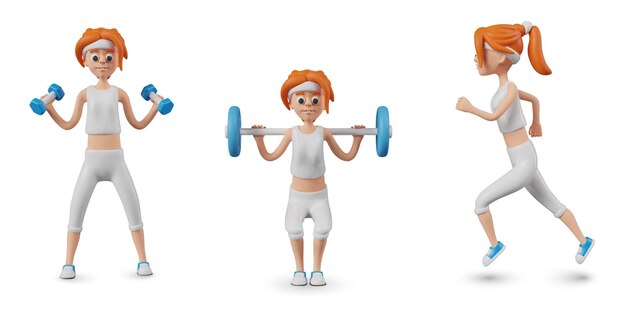 Vector female character doing sports exercises woman trains with dumbbells squats with barbell runs