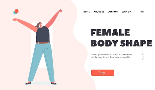 Female Character Figure Types Landing Page Template Woman with Rectangle Body Shape Rejoice with Raised Hands