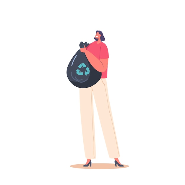 Female Character Holding Garbage Sack with Recycling Symbol Sorting and Reusing Wastes Environmental Ecological Concept