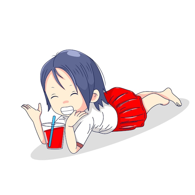 female character is relaxing and drinking juice kawaii designs