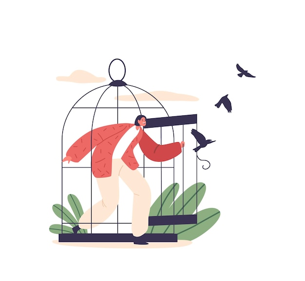 Female Character Leaving a Cell with Swallows Liberated Woman Breaking Free From The Confines Of A Cage Symbolizing Empowerment Freedom And The Courage To Defy Limitations Vector Illustration