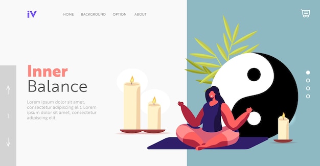 Female Character Meditate with Feng Shui Symbols Landing Page Template. Woman Meditating in Lotus Pose, Yoga, Healthy Lifestyle, Relaxation Emotional Balance, Harmony. Cartoon Vector Illustration