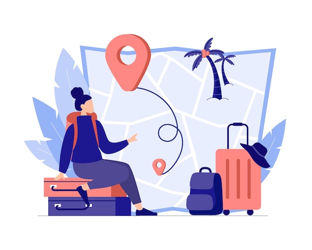 Vector female character sits on packed suitcases woman is planning summer vacation route on map tourist with backpack is ready to go on journey online application for choosing optimal tour