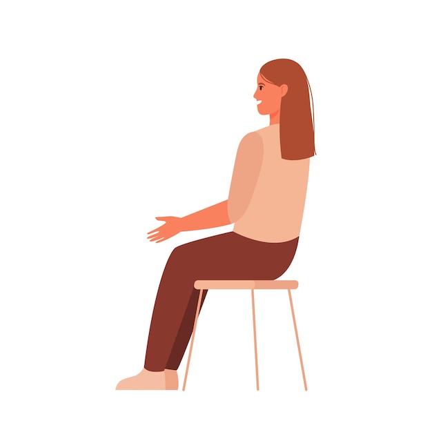 Female character sitting on a chair and talking. Flat vector illustration.