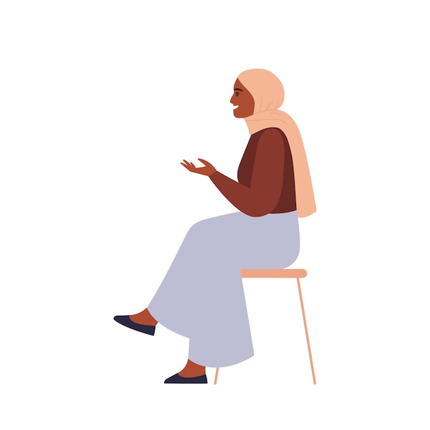 Female character sitting on a chair and talking. Flat vector illustration.