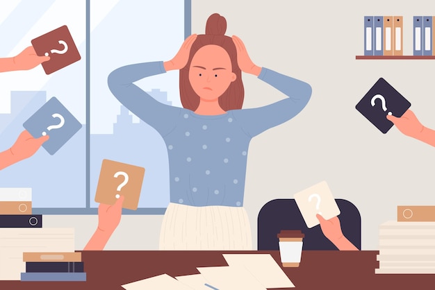 Vector female character under stress from difficult tasks woman looking for answer in doubt