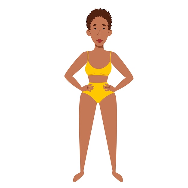 A female character in a swimsuit A thin AfricanAmerican girl in full growth