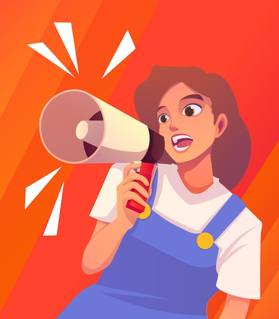 Female character talking into megaphone Announcement message banner concept